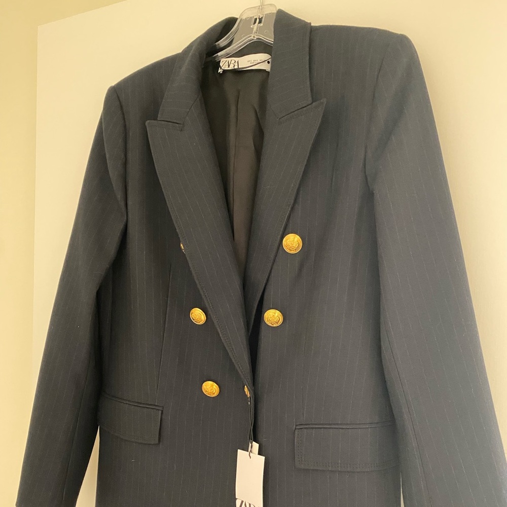 Zara Double-breasted Blazer with Gold Buttons Navy Pinstripe
